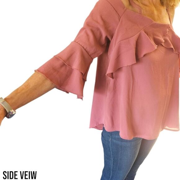NWT CRAVE FAME Women's Rosewood Mauve Ruffle Cold Shoulder Top Size Medium - Picture 6 of 16